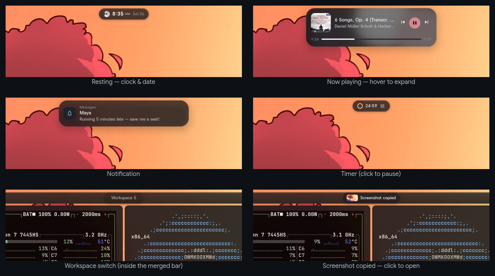 Six Dynamic Island states: clock, now playing, notification, volume, timer and screenshot