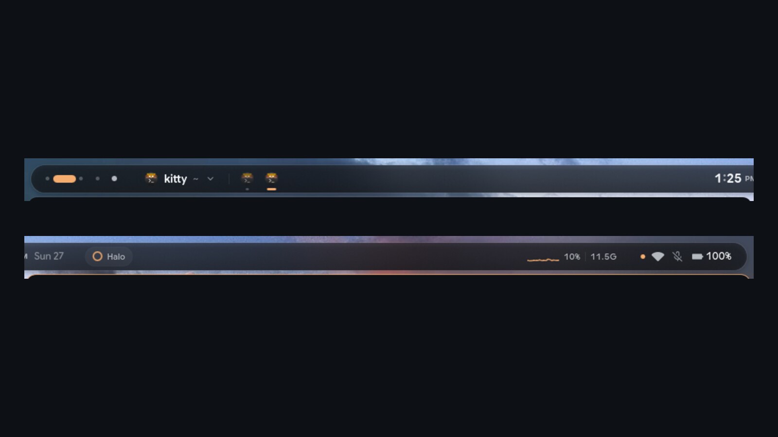 The merged Ribbon: workspaces, app name, window strip, the island with weather and Halo chips, a CPU line and status icons