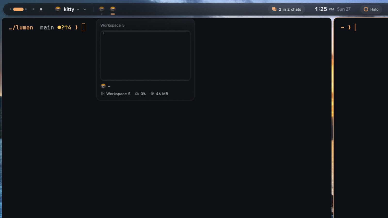 Peek: a live preview card under a workspace dot, with CPU and memory