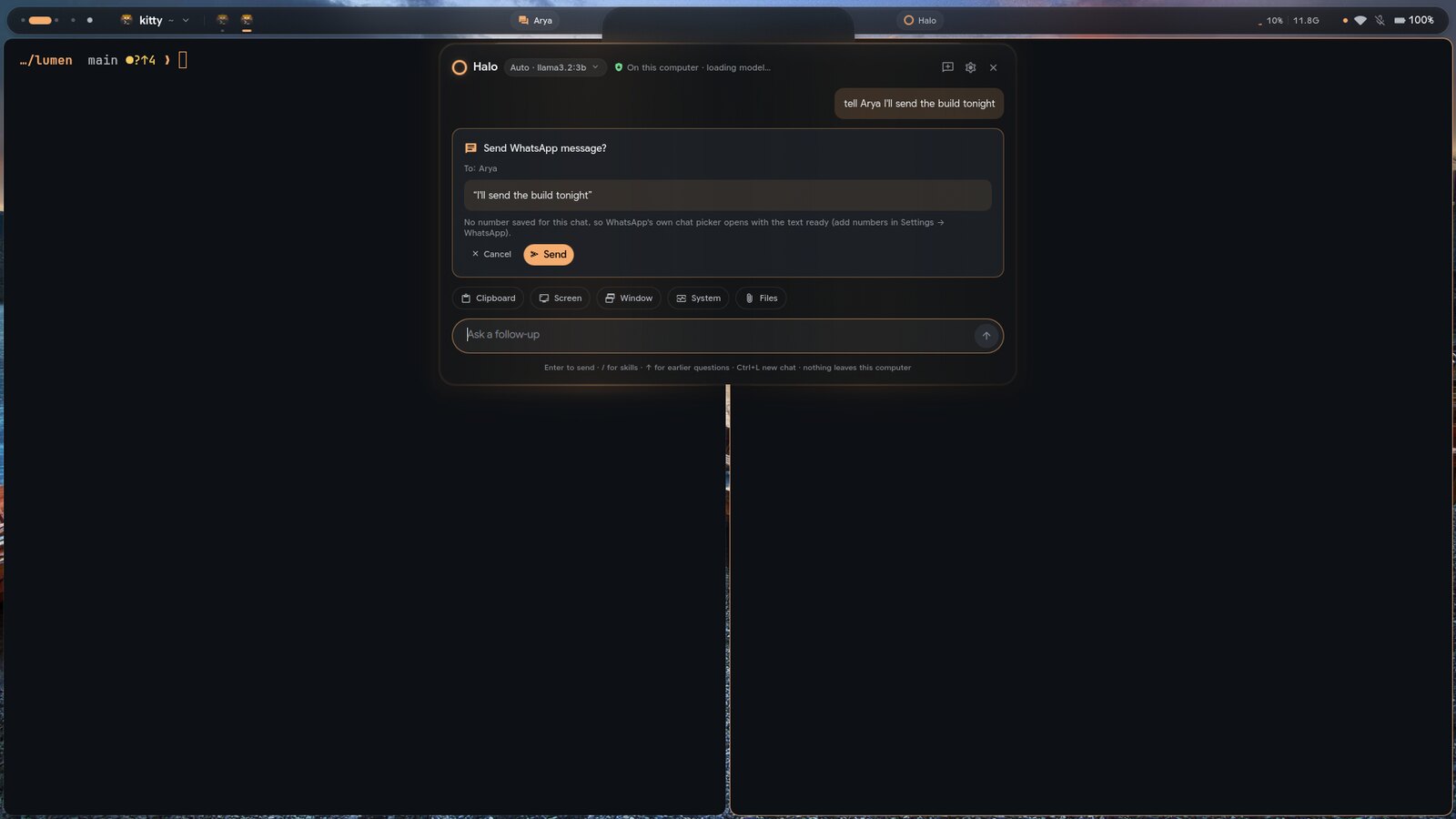Halo showing a Send WhatsApp message card with Cancel and Send